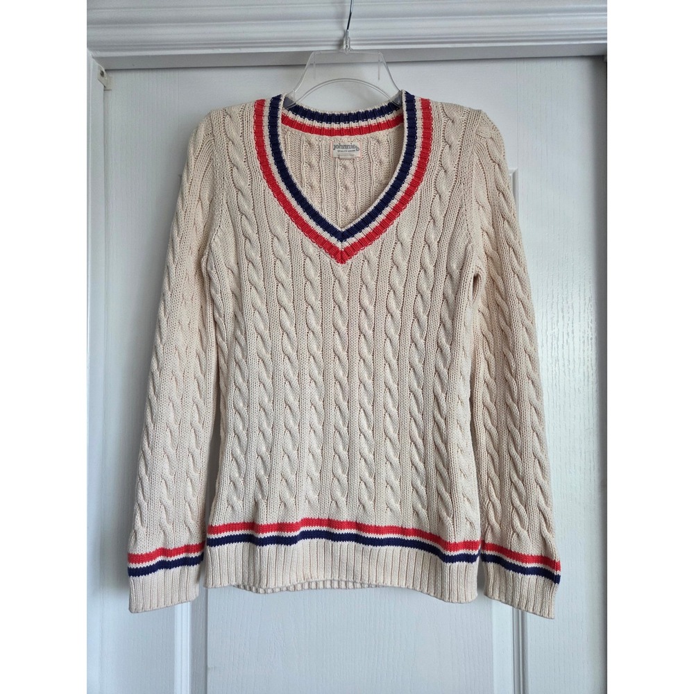 Johnnie B Boden Cream Cable Knit V-Neck Sweater Stripe Kid 13-14Y or Women S/M